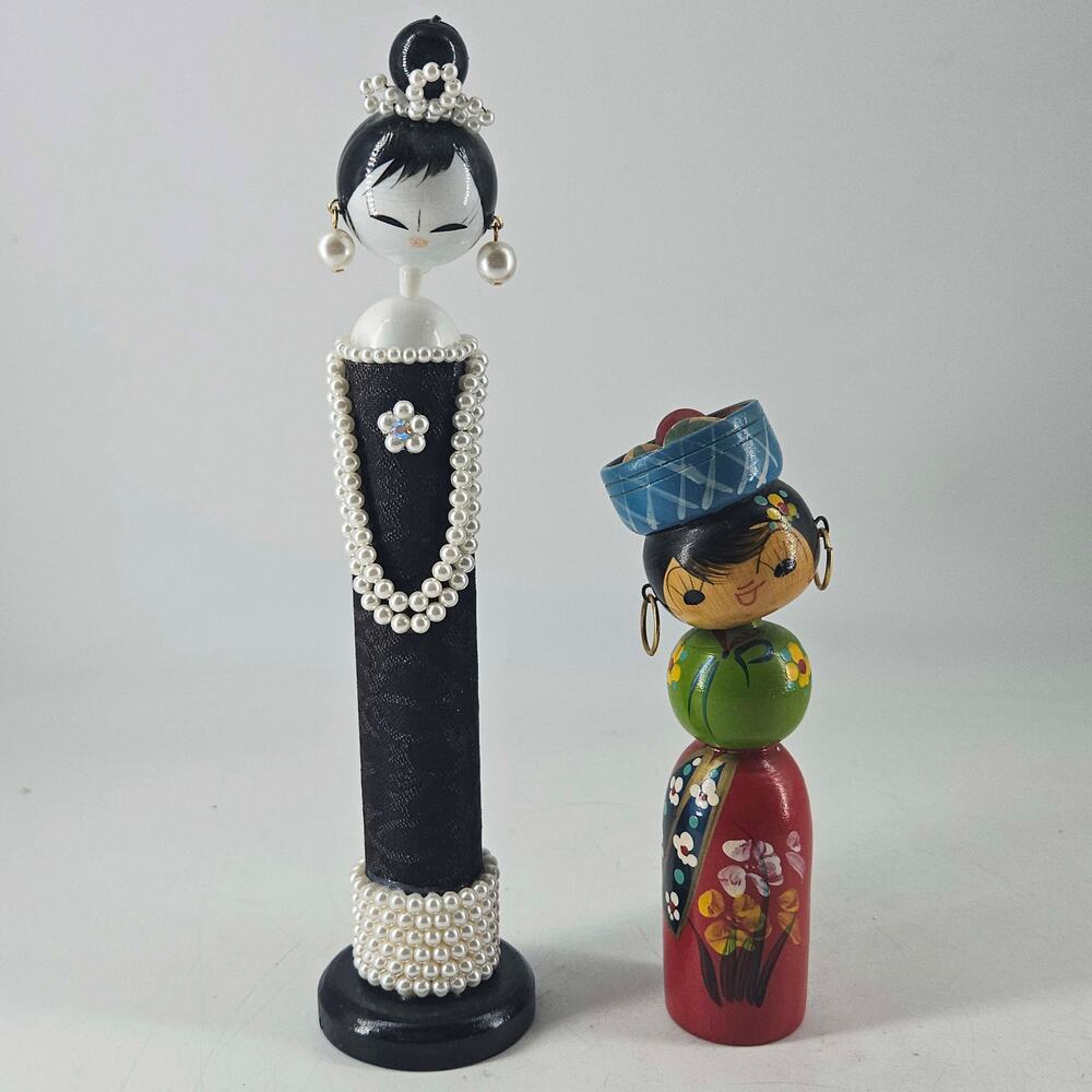 2 Vintage Japanese hand painted Wood Wooden n faux pearl KOKESHI Doll